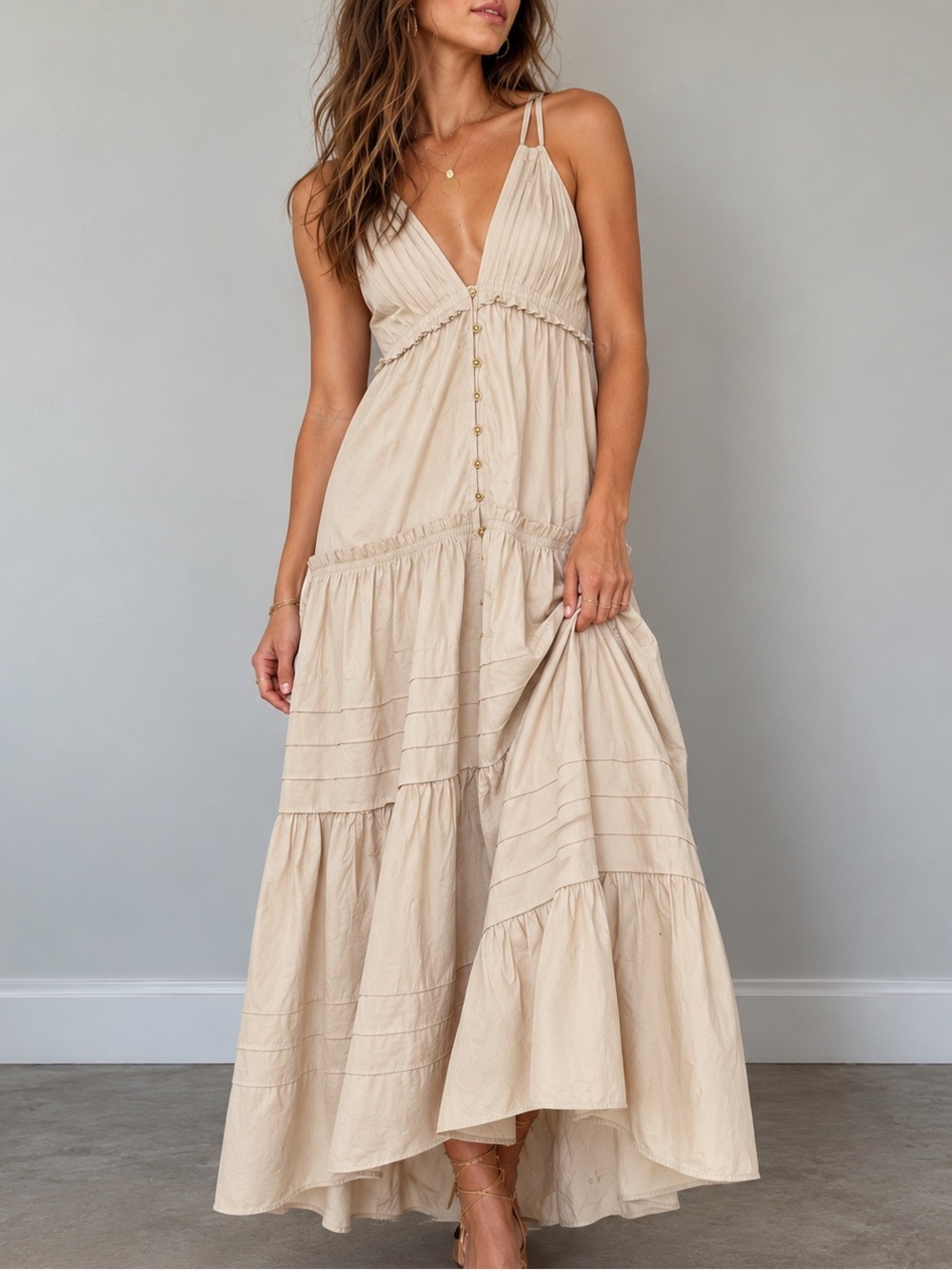 RAMY BROOK Hester Sands V-Neck Tiered Maxi Dress Size S $445 NWT